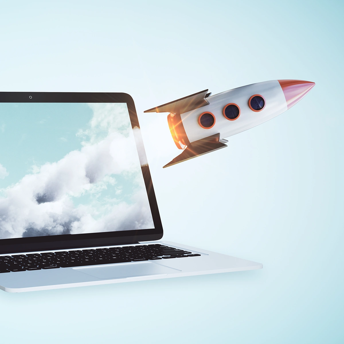Foto als Illustration mit einer Rakete die aus einem Bildschirm fliegt